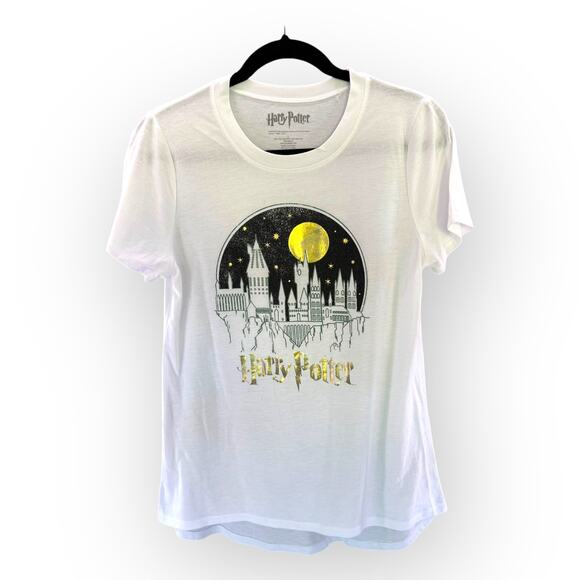 Harry Potter Hogwarts Metallic Graphic Juniors' White Gold T-Shirt | Sz L | NWOT - Picture 3 of 6